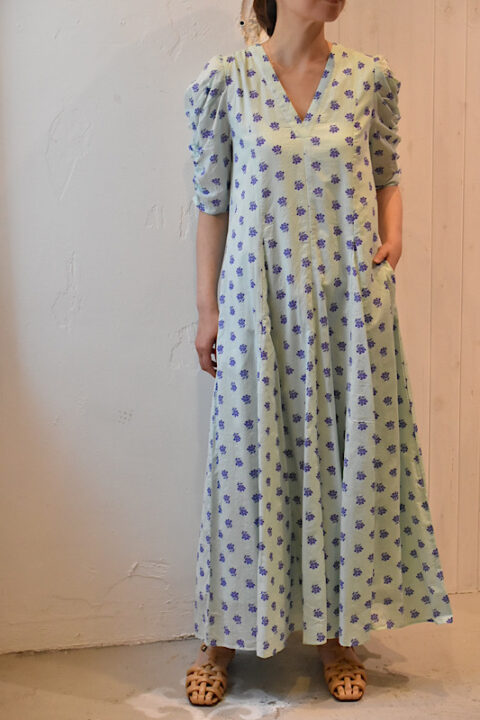 Cotton Dobby Stripe Flower Print Dress - ロングワンピース